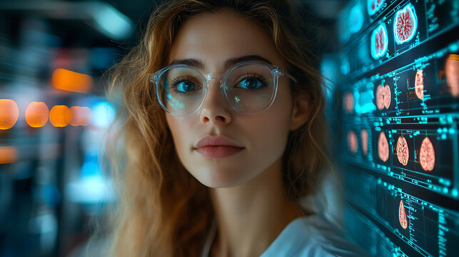 Young Female Scientist Studying Brain Scans on a Digital Interface