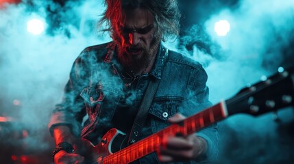 This action-packed image captures a musician immersed in their performance, passionately playing the guitar amid a misty atmosphere that electrifies the live music experience.