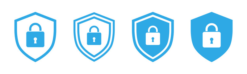Security shield with lock symbol icon set for protection vector illustration in blue color.