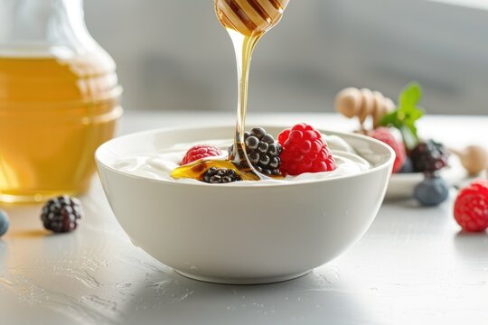 Honey dripping on yogurt with fresh berries for healthy breakfast - Powered by Adobe