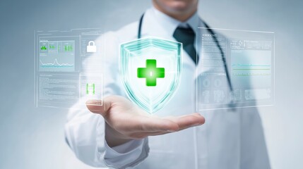 Doctor Holding Holographic Shield – Digital Health and Medical Security Concept