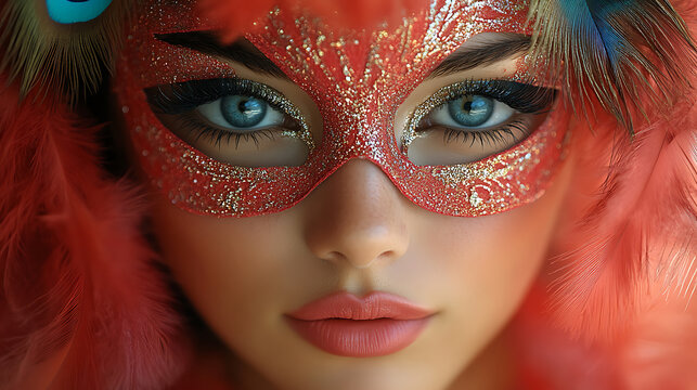 Mysterious Woman in Red Glitter Mask with Feathers