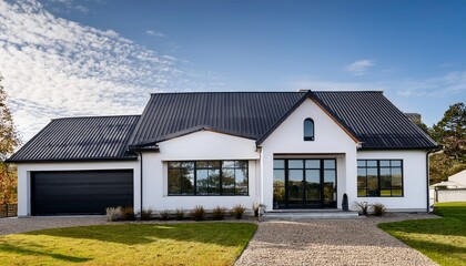 Fototapeta premium a brand new white contemporary farmhouse with a dark shingled roof and black windows
