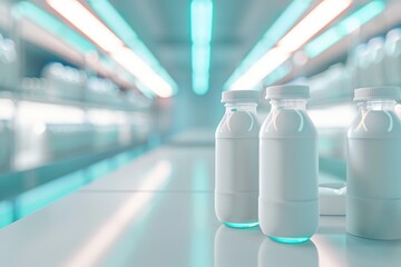 Milk bottles standing in modern dairy processing plant