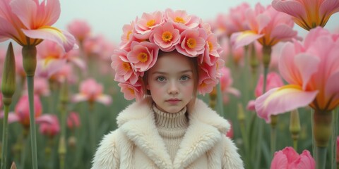 Fototapeta premium A young girl wearing a floral crown stands amidst blooming pink tulips, creating a whimsical and enchanting atmosphere in this ethereal field.