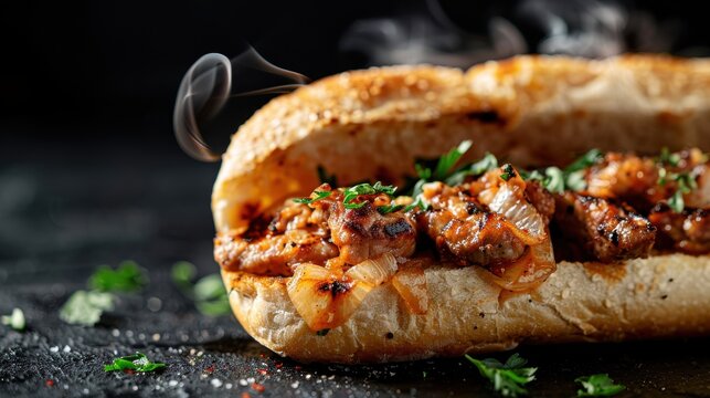 A tantalizing close-up of a grilled sandwich overflowing with meat and herbs, emphasizing culinary craftsmanship and satisfaction that is perfect for foodies.