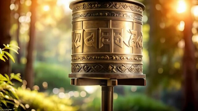 Detailed outdoor shot of a decorative prayer wheel adorned with intricate carvings and symbolic inscriptions surrounded by lush greenery.