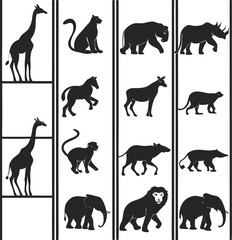 Set of Twelve Animal Silhouette Illustrations in Grid Layout Flat Vector Wildlife Icons Collection