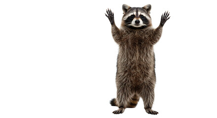 A cute raccoon stands with its paws up against a black backdrop, looking directly at you.