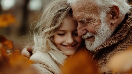 A moment of joy and connection captured between a grandfather and his granddaughter, enveloped in warm autumn colors, celebrating love and familial bonds.