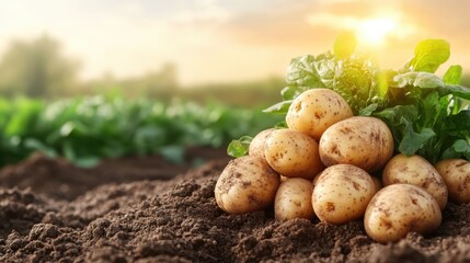Beautifully harvested potatoes resting on the earth, illuminated by sunlight, showcasing the bounty of nature's produce, perfect for agricultural or organic themes.