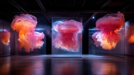 A captivating display of colorful jellyfish floating in a contemporary gallery space, embodying the fusion of art and marine life, ideal for creative or aquatic themes.