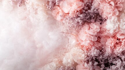 Fototapeta premium An elegant image showcasing a beautiful arrangement of pink flowers complemented by soft textures, creating a romantic and soothing visual atmosphere.