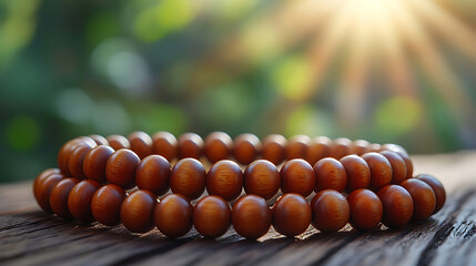 Tranquil Wooden Bead Bracelet on Rustic Wood, Sunlit Nature Background