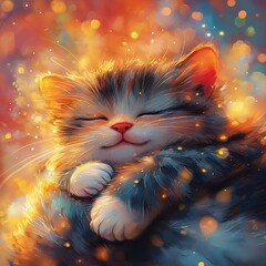 A cozy, happy kitten surrounded by a warm, magical glow, radiating cuteness and comfort with its eyes closed, capturing joyous moments.