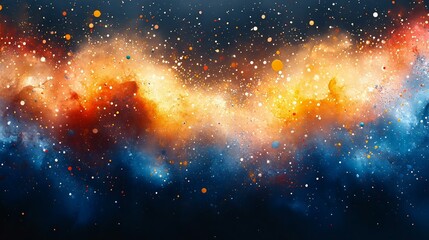 A vibrant cosmic scene showcasing a nebula of colors including orange, blue, and white stars, creating a celestial atmosphere in space.