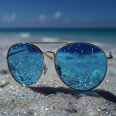 Stylish sunglasses with water droplets on the lens, placed on sandy beach with ocean in the background, perfect for summer vibes and beach photography.