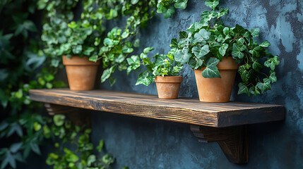 Rustic Wooden Shelf with Ivy Plants in Terracotta Pots against a Dark Blue Wall