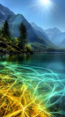 Stunning landscape of a serene lake surrounded by mountains, featuring vibrant water reflections and bright sunlight.
