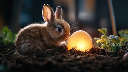 A charming little bunny curiously examines a softly glowing egg nestled among fertile soil, embodying the enchanting spirit of spring and the joy of discovery in nature.