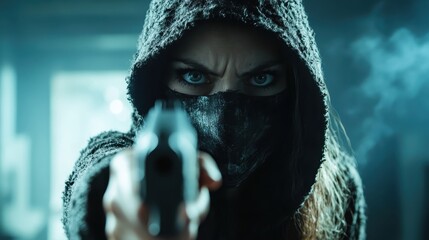 A captivating image of a mysterious woman pointing a gun, dressed in dark attire, surrounded by smoke, evoking tension and intrigue in a suspenseful narrative.