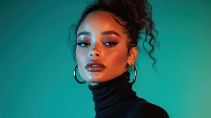 A fashionable woman gazes confidently at the camera with bold makeup and striking features, showcasing beauty and style in a vibrant and artistic setting.