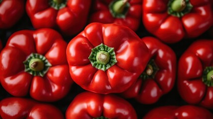 A vibrant display of fresh red bell peppers captures the essence of healthy eating and organic produce, showcasing their glossy skin and freshness in an appealing setup.