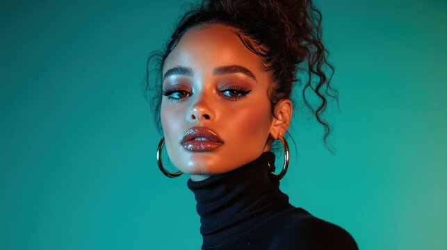 A fashionable woman gazes confidently at the camera with bold makeup and striking features, showcasing beauty and style in a vibrant and artistic setting.