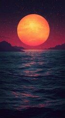 A stunning sunset over the ocean, featuring a large, vibrant orange sun casting a warm glow on the water with distant mountains in the background.