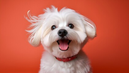 a delighted maltese on a coral background