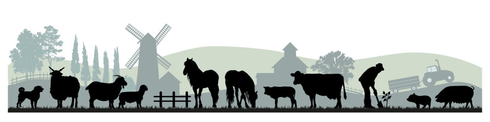 Domestic animal silhouettes on rural farm landscape background. Vector illustration.	