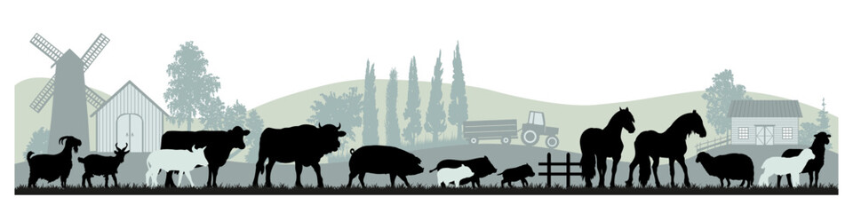Domestic animal silhouettes on rural farm landscape background. Vector illustration.	
