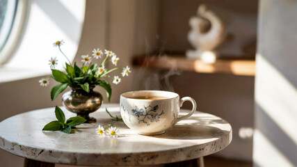 Steaming tea with lemon balm and chamomile, cozy kitchen background. Concept of herbal ritual, inner balance