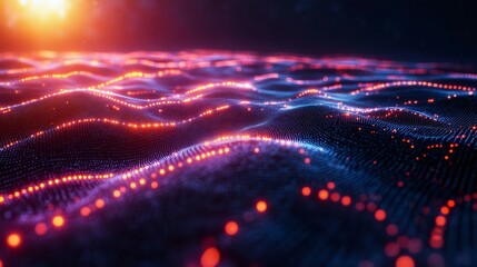 Obraz premium Abstract glowing digital landscape with vibrant red and blue lights representing data waves and technology. Ideal for background or tech concepts.