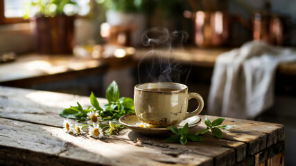 Ceramic cup with herbal tea and fresh herbs on wooden table. Concept of calm morning, natural wellness