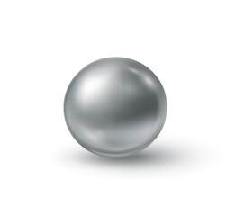 Chrome metal ball isolated on white background. Vector 3d silver bead, steel sphere, metallic bearing or glossy grey bubble with shadow