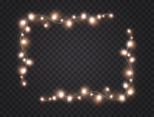 Lights bulbs frame isolated on transparent background. Glowing fairy Christmas garland string. Vector New Year party led lamps decoration border