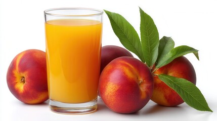 Glass of peach juice with nectarines on white background