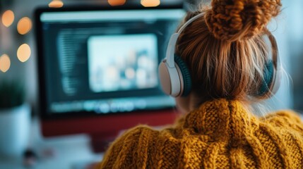A relaxed and cozy workspace featuring a person enjoying music through headphones while surrounded by soft lighting and a computer, creating a perfect study environment.