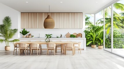 Scandinavian minimalist living room with soft neutral colors, white walls, wood furniture, green plants, large windows letting in natural light