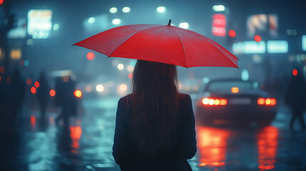 Woman with Red Umbrella in Rainy City at Night
