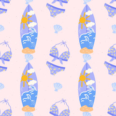 Naklejka premium Seamless pastel vector pattern featuring cute surfboards, tropical beach vibes. Perfect for childrens clothing, wrapping paper, summer-themed textiles