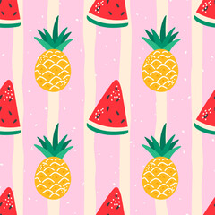 Vector Seamless kawaii pattern with tropical fruits, pineapple, watermelon slices. Perfect for childrens clothing, nursery wallpaper, and summer fabric designs