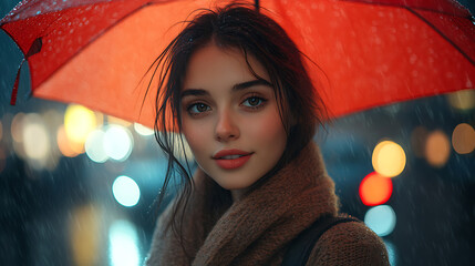 Beautiful Young Woman Under a Red Umbrella in the Rain at Night