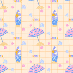 Seamless vector pattern with surfboards, beach umbrellas, in a kawaii tropical style. Perfect for kids summer clothing and fun fabric prints