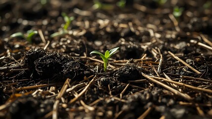 Fototapeta premium Young Green Shoots Emerging from Straw-Covered Soil – Photorealistic Close-Up in Natural Light