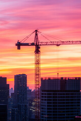 Fototapeta premium A construction crane towers over a city skyline during a vibrant sunset. Urban development and sunset