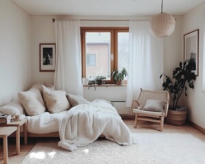 Scandinavian minimalist living room with simple wooden furniture, pale walls, cozy armchairs, indoor plants, modern light fixtures