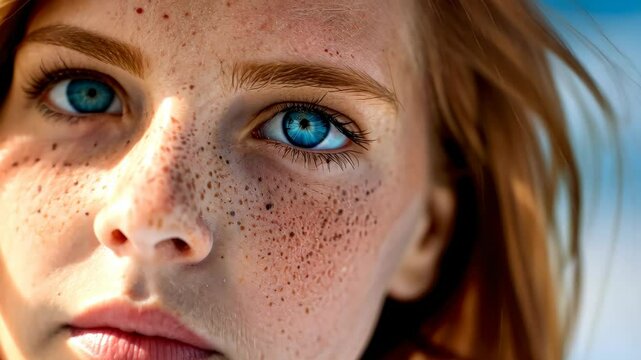 Captivating Gaze: An intimate close-up of a woman with fiery red hair, strikingly contrasted by her ocean-blue eyes. Her face, adorned with a constellation of freckles.