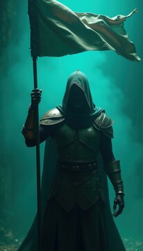 A cloaked figure stands in a misty forest, holding a flag. the mysterious atmosphere evokes themes of adventure and fantasy.